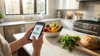 Hands holding smartphone with grocery shopping app in modern kitchen with fresh vegetables and bread on counter, online food ordering concept.