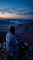 Woman with long brown hair wearing denim jacket sits on rocky mountain overlook at twilight, gazing at misty valleys and forested hills below under dramatic blue and orange sunset sky.