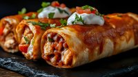 Delicious chicken enchiladas with melted cheese, sour cream and fresh herbs on dark slate plate for Mexican cuisine restaurant menu design.