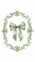 Watercolor green ribbon bow with ornate vintage baroque frame isolated on white background for wedding invitations and greeting cards.