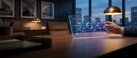 Businessman in suit analyzing financial data on holographic display at wooden desk in modern office with city skyline view and warm lighting.