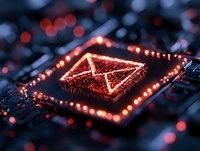 Glowing red email envelope icon on computer circuit board with bokeh light effects, representing digital communication and technology advancement.