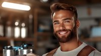 Confident male barista with well-groomed beard and bright smile wearing gray t-shirt in modern coffee shop interior with blurred background. Professional service industry portrait.