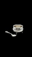 Ornate silver mustard pot with decorative footed base and matching spoon, isolated on transparent background. Ready for clipart, print-on-demand, sublimation, t-shirt design, and digital crafts.