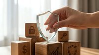Hand holding transparent shield protecting wooden blocks with business icons representing financial security and risk management strategy.