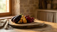 Fresh colorful vegetables including eggplant and peppers arranged on rustic wooden cutting board in warm sunlit kitchen interior for healthy cooking.