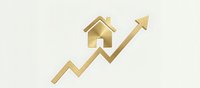 Golden house icon with upward trending arrow showing real estate market growth and property value increase on neutral background.