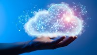 Digital cloud computing concept with glowing network connections floating above open palm on blue gradient background for technology presentations.