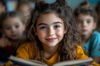 Young Hispanic girl with curly dark hair and bright smile wearing yellow sweater reading book in classroom with classmates blurred in background. Focus on facial expression.