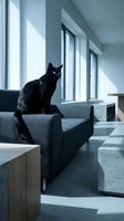 Black cat sitting on modern gray sofa in contemporary living room with large windows and natural sunlight streaming across minimalist interior design.
