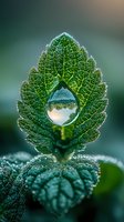 Crystal clear water drop on green leaf reflects nature landscape, morning dew with bokeh effect and soft focus. Macro photography shows delicate plant details.