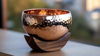 Hammered copper bowl with metallic finish resting on curved wooden stand against blurred background, modern home decor accent piece for interior styling.