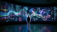 Business professional analyzing colorful data visualization waves on futuristic digital screens in modern control room for analytics and insights.