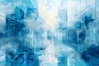 Futuristic cityscape with glass skyscrapers reflected in water surface amid blue fog and morning light creating dreamy urban atmosphere. Suitable for business concepts.