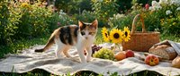 Tabby and white cat walking on wooden table in sunny garden with yellow flowers, fresh vegetables, and wicker basket for outdoor picnic and summer lifestyle themes.