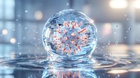 Microscopic virus cell in water droplet with detailed protein spikes, blue and pink tones, scientific visualization against blurred background with bokeh effect.