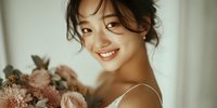 Young Asian woman smiling warmly while holding pink chrysanthemum flowers in soft natural light for wedding, beauty and lifestyle concepts.
