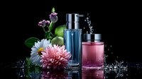 Luxury cosmetic bottles with water splashes, fresh flowers and green apple on black background with reflections and droplets. Elegant spa composition.