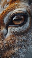 Extreme close-up macro shot of a fox eye with detailed fur texture showing amber iris, eyelashes and intricate patterns in golden brown and gray tones.