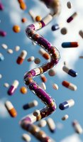 Transparent zigzag tube filled with colorful pills and capsules floating against blue background, surrounded by levitating pharmaceutical medication in dynamic composition.