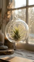 Air plant in hanging glass terrarium by sunny window creates modern minimalist home decor with natural light and urban bokeh background for interior design.