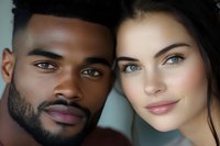 Close-up portrait of diverse young couple with African American man and Caucasian woman looking at camera with intimate connection and natural beauty.