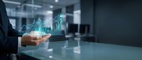 Businessman holding holographic financial chart with upward trend in modern office conference room showing data analytics and business growth projection.