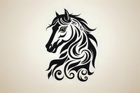 Stylized black horse head with flowing mane design featuring decorative swirls and tribal elements on beige background, isolated for creative projects and design use.