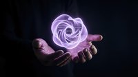 Glowing purple energy orb with mindfulness words floating above male hands on dark background, symbolizing mental wellness and balance.