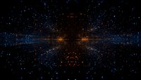 Abstract digital space with blue and orange light particles creating a cosmic perspective grid effect, ideal for technology and futuristic design backgrounds.