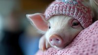 Adorable pink piglet wearing knitted winter hat and cozy scarf, close-up portrait showing sweet snout and expressive eyes against soft blurred background.