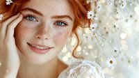 Young redhead woman with freckles smiling naturally, spring portrait with white flowers and soft bokeh background. Gentle beauty concept with fresh glowing skin.