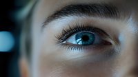 Close-up of striking blue eye with long eyelashes and defined eyebrow against blurred dark background, showcasing natural beauty in dramatic lighting.