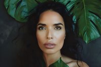 Young Hispanic woman with long dark hair and natural makeup posing among tropical monstera leaves against dark background, beauty and fashion portrait.