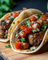 Mexican street tacos with seasoned meat, fresh diced tomatoes, chopped cilantro and onions served on soft corn tortillas on wooden cutting board. Perfect for menu or recipe content.