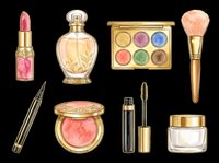 Watercolor makeup set with lipstick, perfume, eyeshadow palette, blush, mascara, brush and cream jar, isolated on transparent background for stickers and t-shirt design.