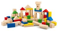 Colorful wooden building blocks set with various geometric shapes including cubes, cylinders, triangles and arches isolated on white background for educational play.