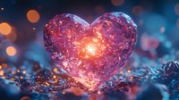 Glowing pink crystal heart on dark background with bokeh lights and magical sparkles. Romantic Valentine concept with ethereal illumination and dreamy atmosphere.