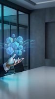 Businessman holding glowing digital geometric shapes and network connections in modern office with large windows, representing technology innovation and data management solutions.