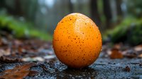 Fresh orange with water drops on wet surface against blurred forest background. Natural organic citrus fruit in moody lighting and earthy environment.