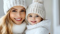 Happy Caucasian mother and toddler daughter wearing matching white knit winter hats and sweaters, smiling together in cozy family portrait for seasonal clothing ads.