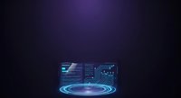 Futuristic holographic laptop interface with glowing blue circular data visualization and digital circuit patterns on dark background for technology concepts.