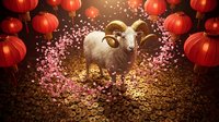 Golden goat statue surrounded by red lanterns and coins, symbolizing prosperity and wealth for lunar new year celebrations and fortune themes.