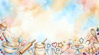 Watercolor baking and cooking illustration with whisk, rolling pin, cupcake, flour jar, and kitchen utensils on pastel background. Isolated design for culinary projects, recipe cards, bakery branding, and kitchen decor.