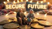 Elderly couple sitting on golden coins discussing retirement planning and financial security for their future together.