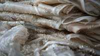 Luxurious ivory silk fabric with delicate lace and beaded embellishments in soft focus, creating elegant texture and shimmer for wedding and fashion designs.
