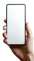 Hand holding modern smartphone with blank white screen isolated on white background for app presentation and mobile interface mockup design.