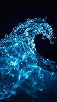 Dynamic liquid wave with glowing blue luminescent particles splashing against dark background, suitable for technology, energy, and abstract design projects.