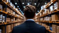 Businessman in suit standing in large warehouse with shelves full of cardboard boxes, logistics and supply chain management concept for corporate operations.