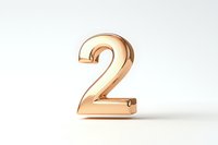 Metallic rose gold number two on white background, glossy balloon-style digit with reflective surface and soft shadow for anniversary or ranking designs.